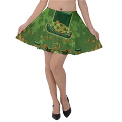 Happy St  Patrick s Day With Clover Velvet Skater Skirt by FantasyWorld7