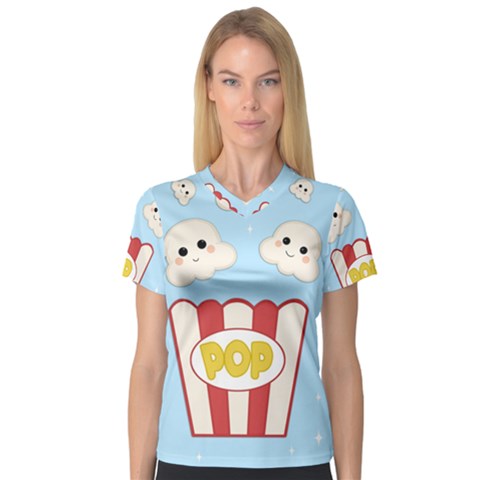 Cute Kawaii Popcorn V-neck Sport Mesh Tee by Valentinaart