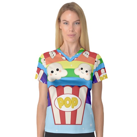 Cute Kawaii Popcorn V-neck Sport Mesh Tee by Valentinaart