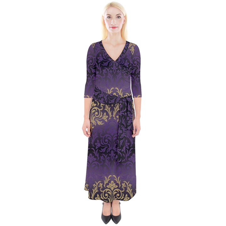 art nouveau,vintage,damask,gold,purple,antique,beautiful Quarter Sleeve Wrap Maxi Dress