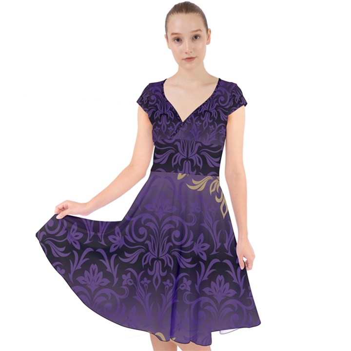 art nouveau,vintage,damask,gold,purple,antique,beautiful Cap Sleeve Front Wrap Midi Dress