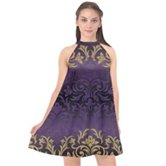 Art Nouveau,vintage,damask,gold,purple,antique,beautiful Halter Neckline Chiffon Dress  by NouveauDesign