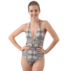 Vintage Daisy Floral Pattern Halter Cut-out One Piece Swimsuit