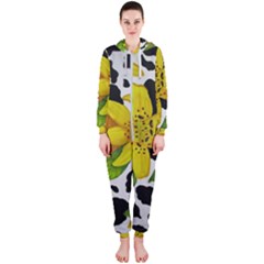 Floral Cow Print Hooded Jumpsuit (ladies)  by dawnsiegler