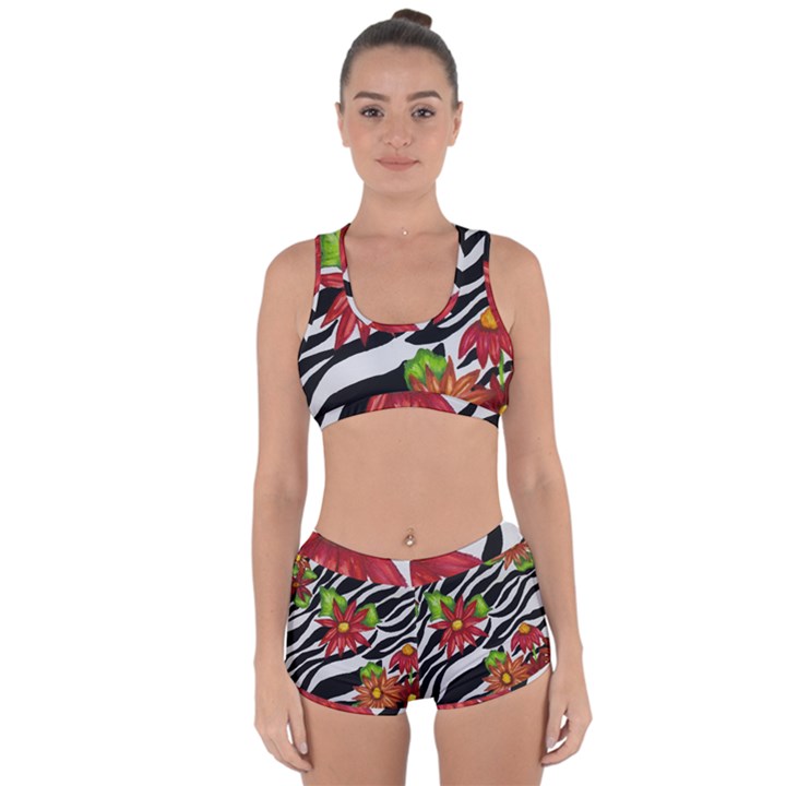 Floral Zebra Print Racerback Boyleg Bikini Set