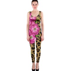 Floral Leopard Print One Piece Catsuit by dawnsiegler