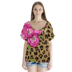 Floral Leopard Print V-neck Flutter Sleeve Top by dawnsiegler