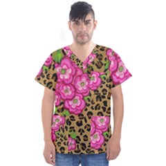 Floral Leopard Print Men s V-neck Scrub Top