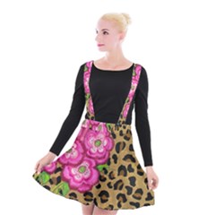 Floral Leopard Print Suspender Skater Skirt