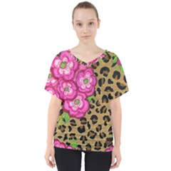 Floral Leopard Print V-neck Dolman Drape Top by dawnsiegler