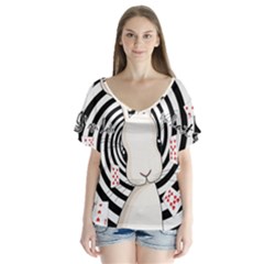 White Rabbit In Wonderland V-neck Flutter Sleeve Top by Valentinaart