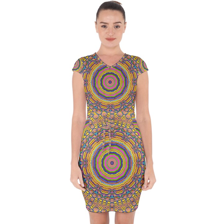 Wood Festive Rainbow Mandala Capsleeve Drawstring Dress 