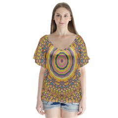 Wood Festive Rainbow Mandala V-neck Flutter Sleeve Top by pepitasart