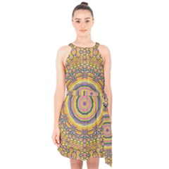 Wood Festive Rainbow Mandala Halter Collar Waist Tie Chiffon Dress by pepitasart