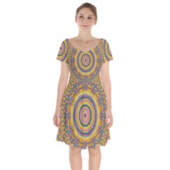 Wood Festive Rainbow Mandala Short Sleeve Bardot Dress by pepitasart