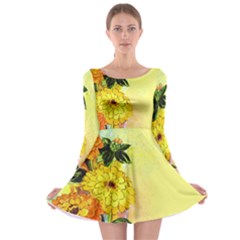 Background Flowers Yellow Bright Long Sleeve Skater Dress by Nexatart