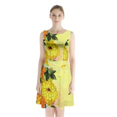 Background Flowers Yellow Bright Sleeveless Waist Tie Chiffon Dress by Nexatart