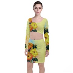 Background Flowers Yellow Bright Long Sleeve Crop Top & Bodycon Skirt Set by Nexatart