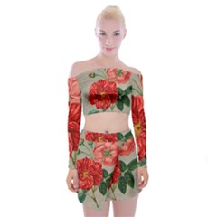 Flower Floral Background Red Rose Off Shoulder Top With Mini Skirt Set by Nexatart