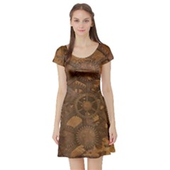 Background Steampunk Gears Grunge Short Sleeve Skater Dress by Nexatart