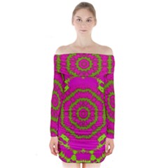 Fern Forest Star Mandala Decorative Long Sleeve Off Shoulder Dress by pepitasart