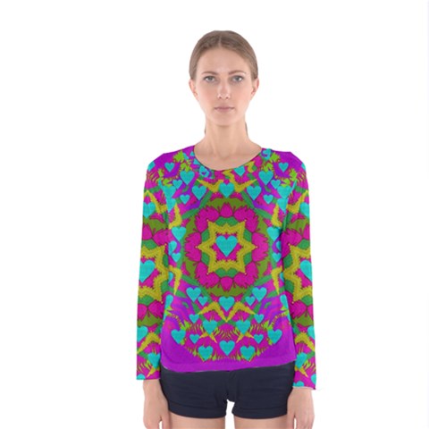 Hearts In A Mandala Scenery Of Fern Women s Long Sleeve Tee by pepitasart