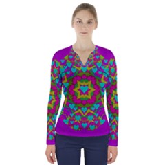 Hearts In A Mandala Scenery Of Fern V-neck Long Sleeve Top by pepitasart