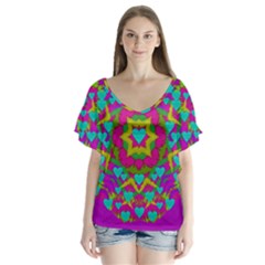 Hearts In A Mandala Scenery Of Fern V-neck Flutter Sleeve Top by pepitasart