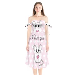 Cute Mouse - Valentines Day Shoulder Tie Bardot Midi Dress by Valentinaart