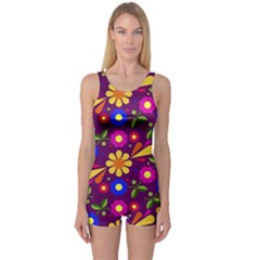 Flower Pattern Illustration Background One Piece Boyleg Swimsuit by Nexatart