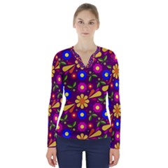 Flower Pattern Illustration Background V-neck Long Sleeve Top by Nexatart