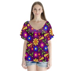 Flower Pattern Illustration Background V-neck Flutter Sleeve Top by Nexatart