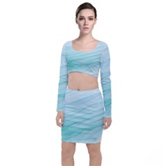 Blue Texture Seawall Ink Wall Painting Long Sleeve Crop Top & Bodycon Skirt Set by Nexatart