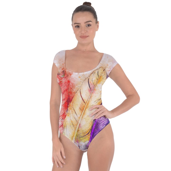 Feathers Bird Animal Art Abstract Short Sleeve Leotard 