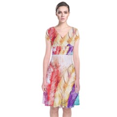 Feathers Bird Animal Art Abstract Short Sleeve Front Wrap Dress by Nexatart