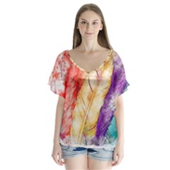 Feathers Bird Animal Art Abstract V-neck Flutter Sleeve Top by Nexatart