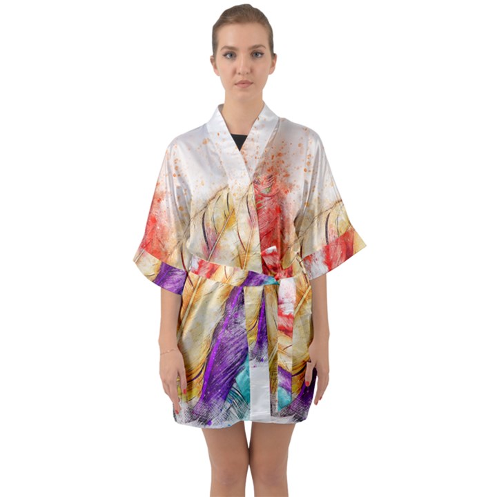 Feathers Bird Animal Art Abstract Quarter Sleeve Kimono Robe