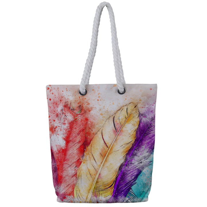 Feathers Bird Animal Art Abstract Full Print Rope Handle Tote (Small)