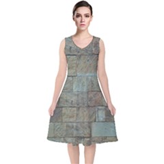 Wall Stone Granite Brick Solid V-neck Midi Sleeveless Dress  by Nexatart