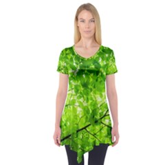 Green Wood The Leaves Twig Leaf Texture Short Sleeve Tunic  by Nexatart