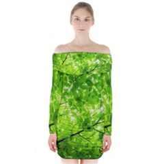 Green Wood The Leaves Twig Leaf Texture Long Sleeve Off Shoulder Dress by Nexatart