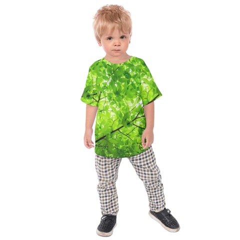 Green Wood The Leaves Twig Leaf Texture Kids Raglan Tee by Nexatart