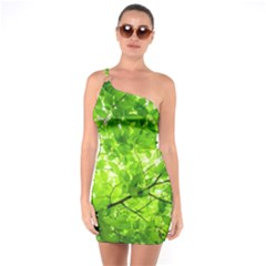 Green Wood The Leaves Twig Leaf Texture One Soulder Bodycon Dress by Nexatart