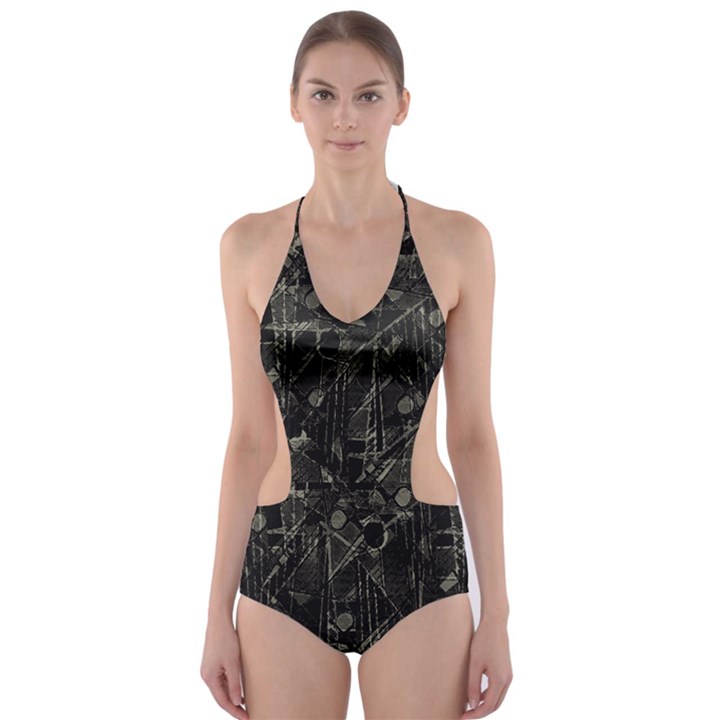 Abstract Collage Patchwork Pattern Cut-Out One Piece Swimsuit