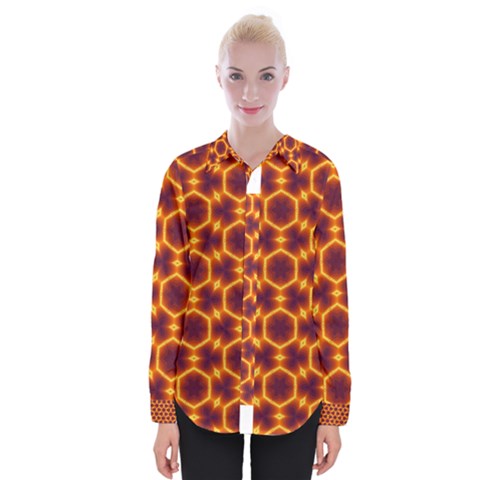 Black And Orange Diamond Pattern Womens Long Sleeve Shirt by Fractalsandkaleidoscopes