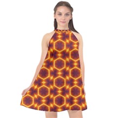 Black And Orange Diamond Pattern Halter Neckline Chiffon Dress 