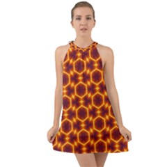 Black And Orange Diamond Pattern Halter Tie Back Chiffon Dress