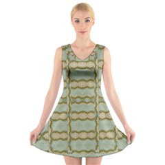 Celtic Wood Knots In Decorative Gold V-neck Sleeveless Skater Dress by pepitasart