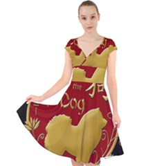 Year Of The Dog - Chinese New Year Cap Sleeve Front Wrap Midi Dress by Valentinaart