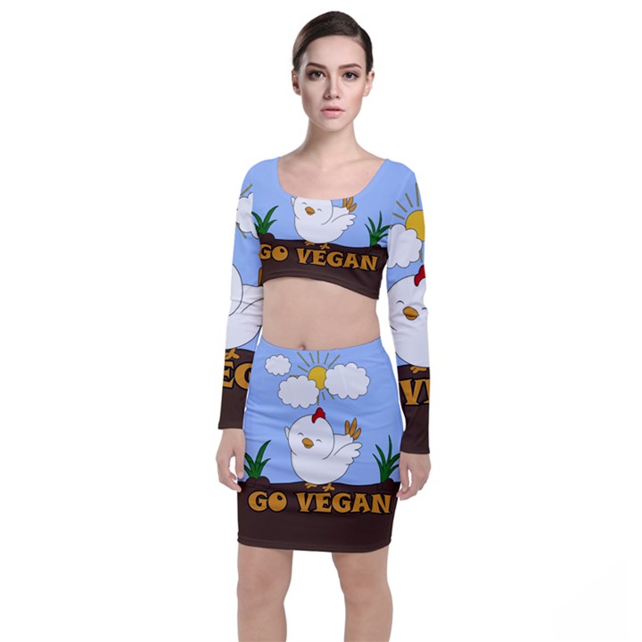 Go Vegan - Cute Chick  Long Sleeve Crop Top & Bodycon Skirt Set